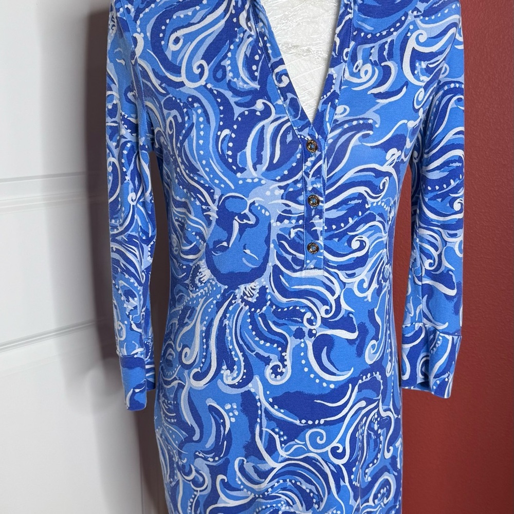 Lilly Pulitzer Blue Patterned Button-Down Dress Xs - image 1